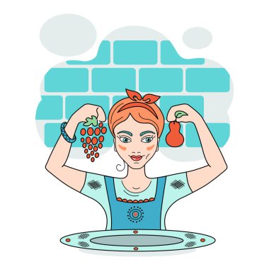 Elinde meyve olan kız veya kadın, üzüm ve armut karşılaştırması, sonbahar vejetaryen menüsü, sağlıklı beslenmenin faydaları. Terazi burcu burcu takımyıldızı çizimi
