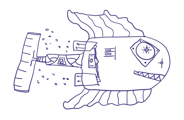 Steampunk humoristisk mekanisk fisk. Illustration av vektor skiss. — Stock vektor