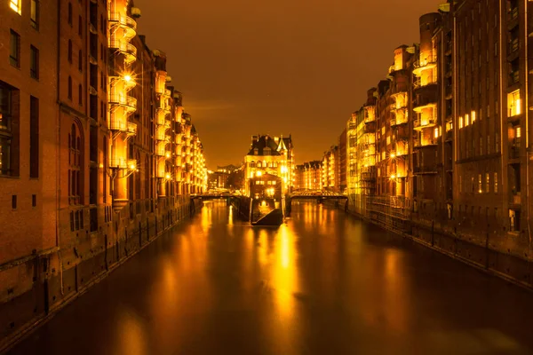 Vallgrav Speicherstadt Hamburg Tyskland Natten — Stockfoto