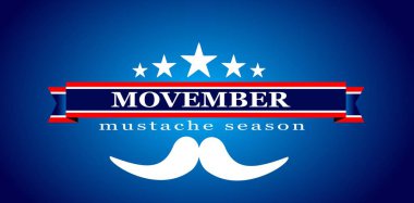 Movember kanser farkındalık simgesi, afiş, poster, kart, mavi zemin üzerine bıyık.
