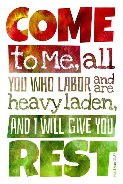 Kom till mig (Matt 11:28)-affisch med bibeltext citat — Stockfoto