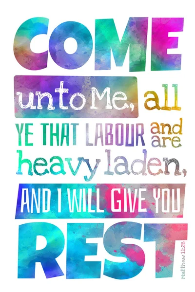 Ελάτε προς εμένα (κατά Ματθαίον 11:28)-αφίσα με Βίβλο κείμενο εισαγωγικά — Φωτογραφία Αρχείου