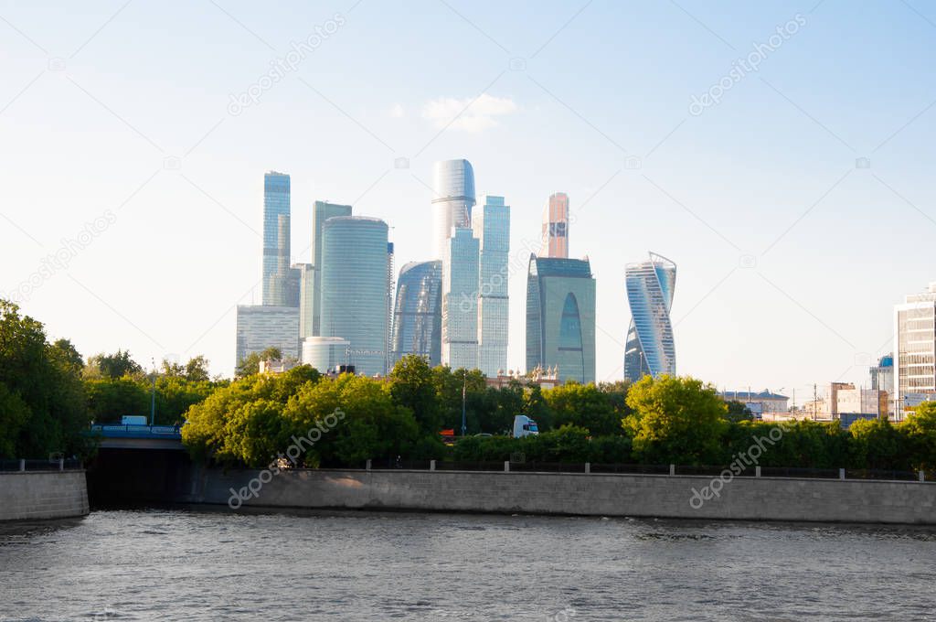The Moscow International Business Centre from modern Luzhnetskaya embankment along Moscow River Moscow, Russia.