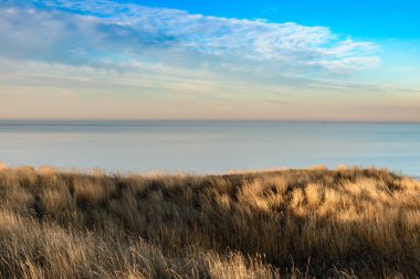 Görünüm çim üzerinde çarpıcı kaplı kumullar doğru deniz ufuk.