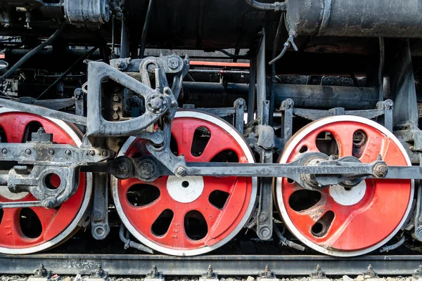 Wielen Van Oude Locomotief Van Rode Kleur Elementen Van Het — Stockfoto