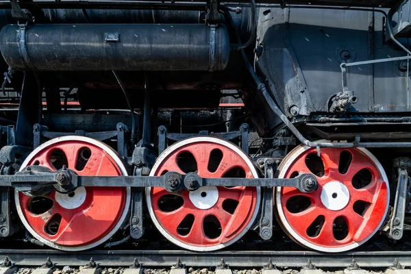 Wielen Van Oude Locomotief Van Rode Kleur Elementen Van Het — Stockfoto