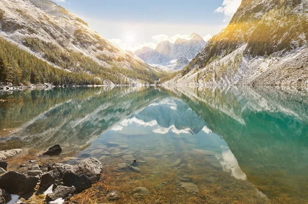 Neige Hiver Lac Montagne Lumineux Tôt Russie Sibérie Montagnes Altaï — Photo