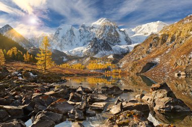 Parlak renkli sarı sonbahar dağ Gölü, Rusya, Sibirya, Altay Dağları, Chuya ridge.