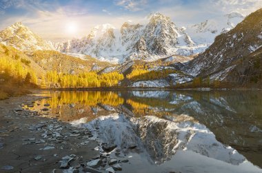 Parlak renkli sarı sonbahar dağ Gölü, Rusya, Sibirya, Altay Dağları, Chuya ridge.