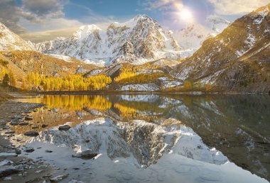 Parlak renkli sarı sonbahar dağ Gölü, Rusya, Sibirya, Altay Dağları, Chuya ridge.