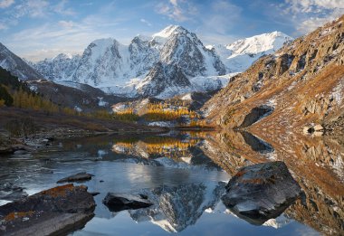Parlak renkli sarı sonbahar dağ Gölü, Rusya, Sibirya, Altay Dağları, Chuya ridge.