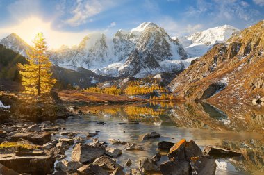 Parlak renkli sarı sonbahar dağ Gölü, Rusya, Sibirya, Altay Dağları, Chuya ridge.