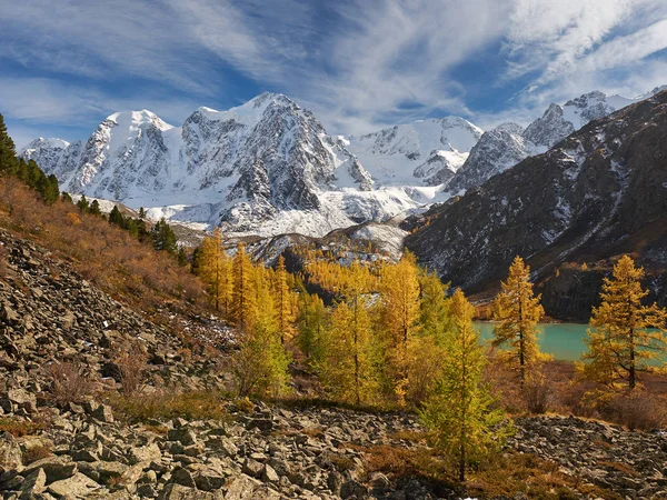 Bright colorful yellow autumn mountain lake, Russia, Siberia, Altai mountains, Chuya ridge.