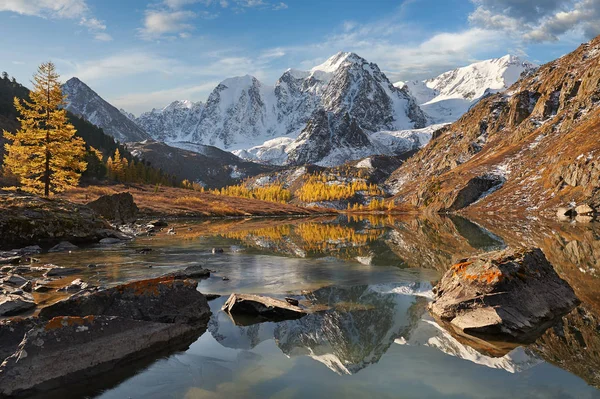 Lago Montanha Amarelo Colorido Brilhante Outono Rússia Sibéria Montanhas Altai — Fotografia de Stock