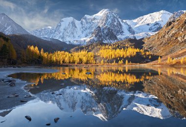 Parlak renkli sarı sonbahar dağ Gölü, Rusya, Sibirya, Altay Dağları, Chuya ridge.