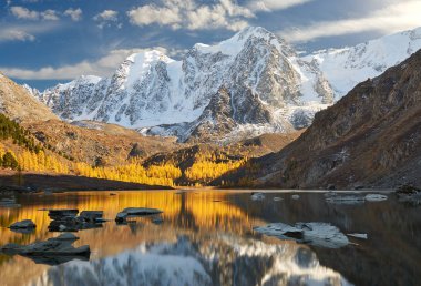 Parlak renkli sarı sonbahar dağ Gölü, Rusya, Sibirya, Altay Dağları, Chuya ridge.