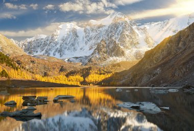 Parlak renkli sarı sonbahar dağ Gölü, Rusya, Sibirya, Altay Dağları, Chuya ridge.