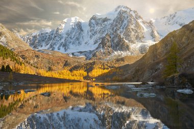 Parlak renkli sarı sonbahar dağ Gölü, Rusya, Sibirya, Altay Dağları, Chuya ridge.