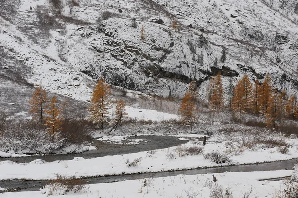 Cloudy morning. Snow-covered winter mountain lake, Russia, Siberia, Altai mountains, Chuya ridge.