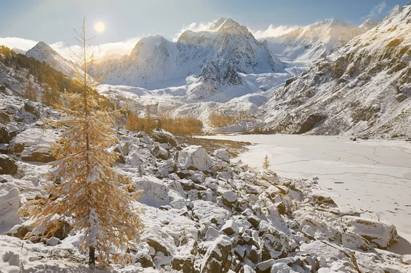 Lac Montagne Enneigé Hiver Russie Sibérie Montagnes Altaï Chuya Crête — Photo