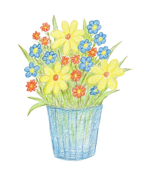 Ręcznie Rysowane Akwarelowymi Ołówkami Kwiaty Wazonie Sztuka Naiwna Kwiaty Ludowe — Zdjęcie stockowe
