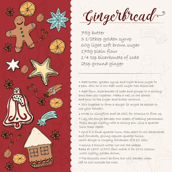 Χριστουγεννιάτικη κάρτα συνταγής μπισκότων μελόψωμο. Μπισκότα με επικάλυψη μελόψωμου — Διανυσματικό Αρχείο