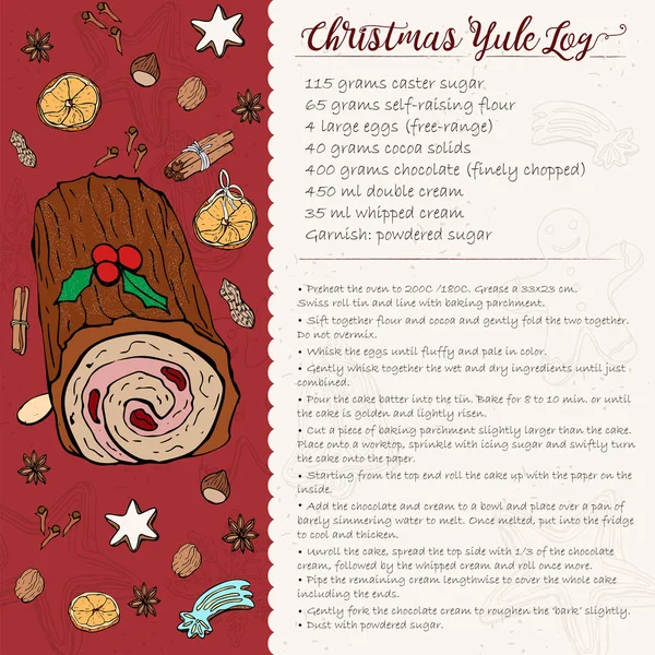 Традиционный Рождественский йол бревно рецепт с консервированными фруктами и орехами . — стоковый вектор