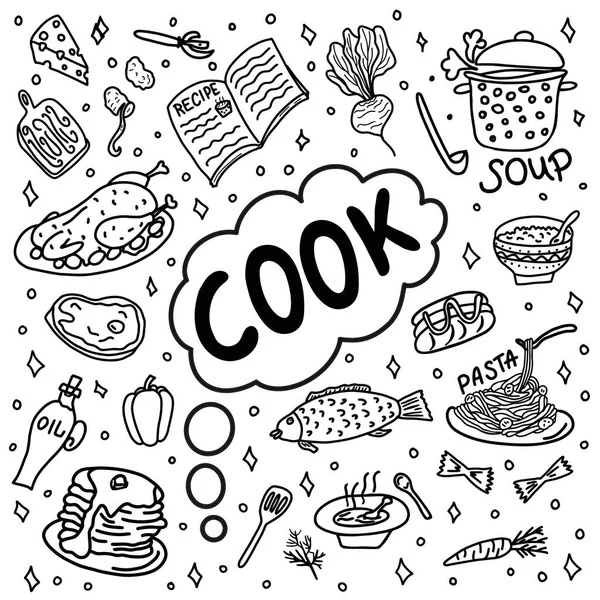 Hand drawn doodle food, dishes and kitchen utensils.