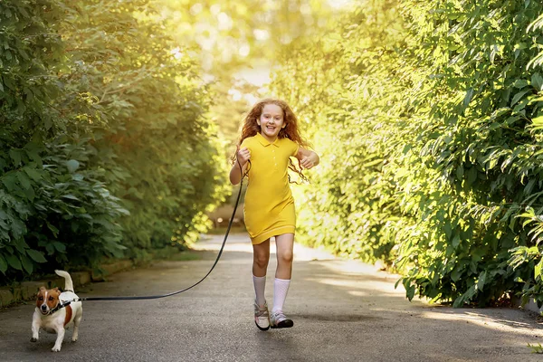 Cute girl run in a park with a puppy jack russell terrier. Happy friends leisure outdoors.