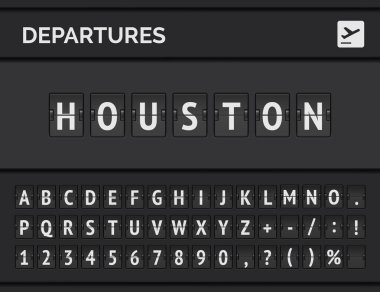 Uçuş kalkış noktasını ABD Houston. Havaalanı flip kurulu yazı tipi. Vektör çizim