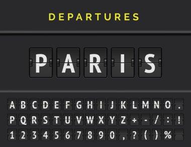 Analog airport flip board displays flight info of departure destination in Europe Paris with aircraft sign icon and full font. Vector illustration clipart