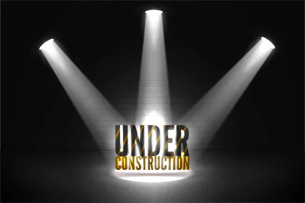 Under construction 404 error vector illustration.  Text in Bright beam of spotlights with glow. Coming soon — Stock Vector