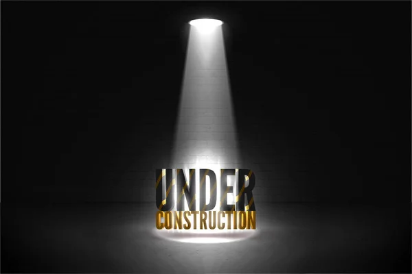 Under construction vector illustration on a brick wall grunge dark background. Striped text in bright beam of searchlight. — Stock Vector