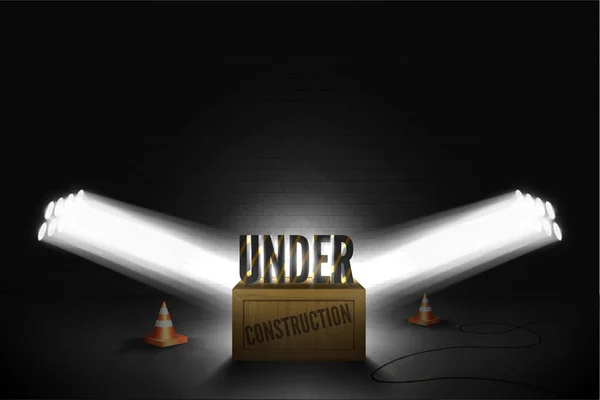 Vector illustration of web error 404 page not found in spotlights glow near orange striped cones. Dark text standing on the wooden box in a bright beam of limelights on a brick wall grunge black — Stock Vector