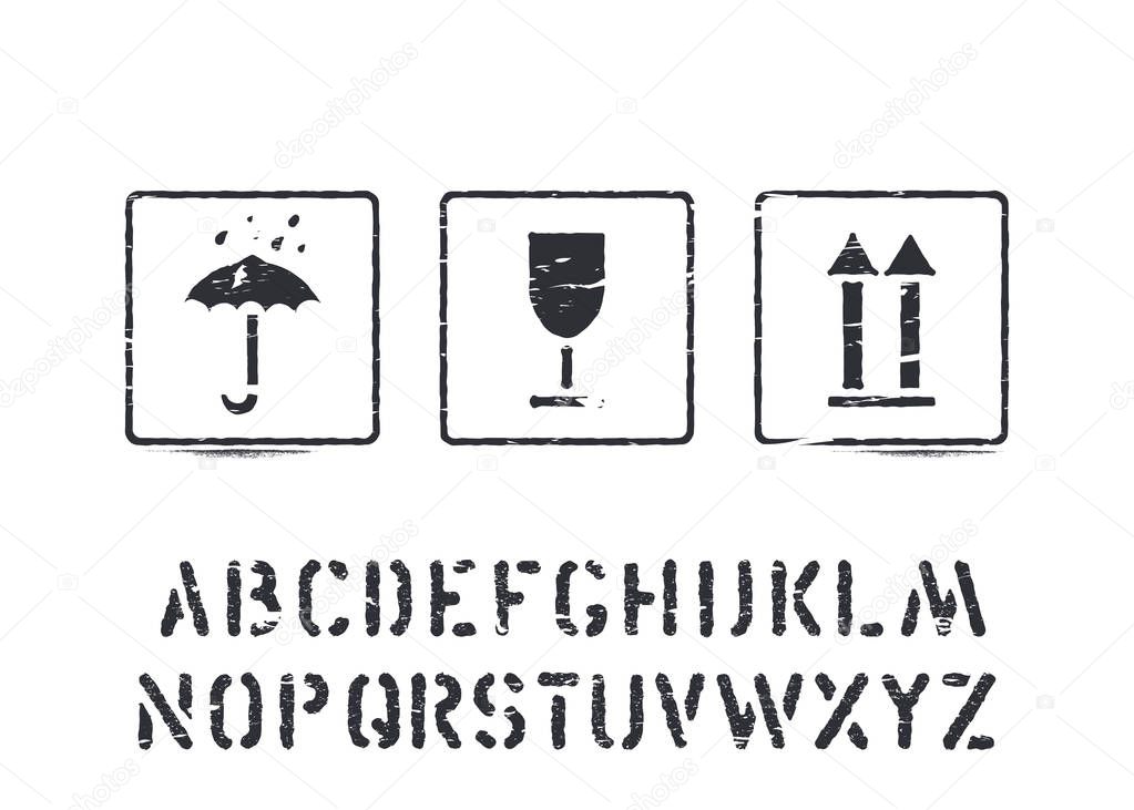 Vector box sign rubber stamps and cargo alphabet for delivery, logistics. Fragile, this way up isolated