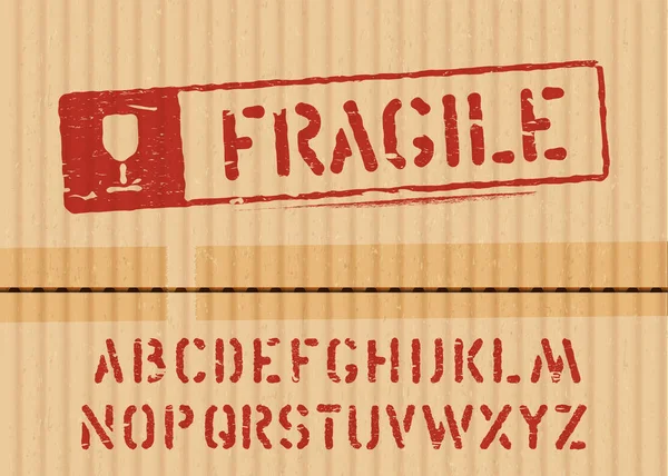 Fragiles Schild auf Cargo Grunge Karton Hintergrund mit Schrift für Logistik oder Verpackung. Vektorillustration — Stockvektor