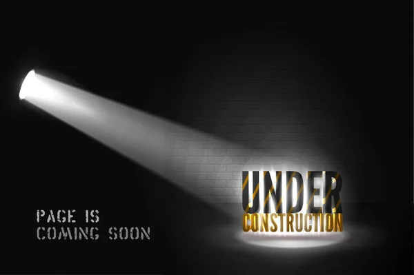 Under construction warning in searchlight on black background. Web site banner with 3d text on scene — Stock Vector