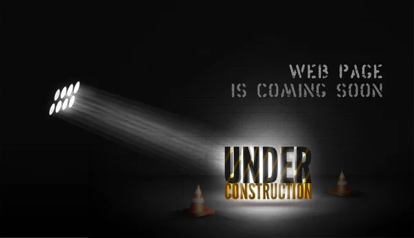 Web page poster Under construction with 3d text in spotlight on scene with cones on black background — Stock Vector