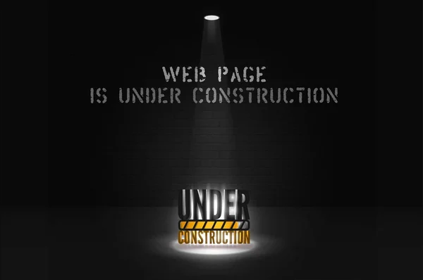 Web site banner is coming soon with floodlight on dark scene. Under construction text in spotlights — Stock Vector