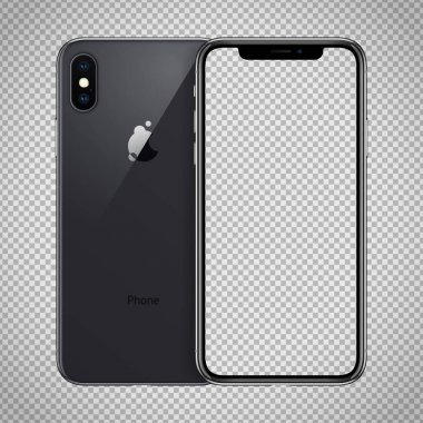 Damalı arka planda çift kameralı siyah akıllı telefon X'in saydam ekranı