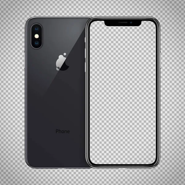チェッカーの背景にデュアルカメラを搭載した黒いスマートフォンXの透明な画面 — ストックベクタ