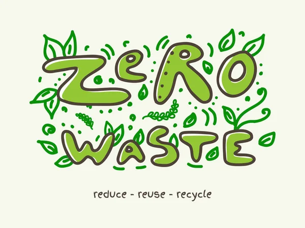 Banner de resíduos zero com letras de doodle e ilustração vetorial de folhas — Vetor de Stock
