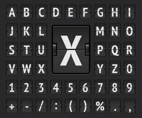 Черный терминал механического табло регулярный алфавит с номерами для отображения назначения и вылета вектор — стоковый вектор