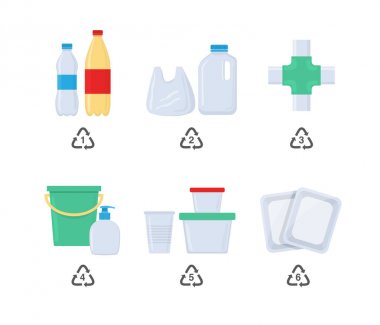 Plastic codes in recycle reuse reduce concept with bottle and other material plastic clipart