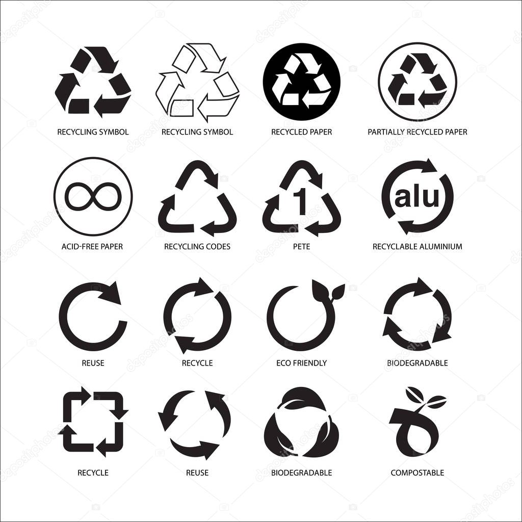 Set of recycle biodegradable compost sign symbol vector illustration isolated on white background. Industrial packaging mark collection