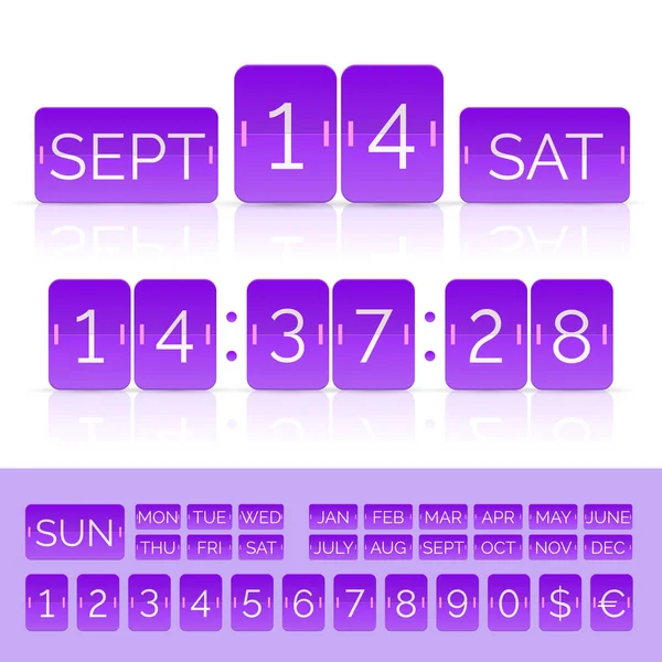 Calendario de volteo púrpura con temporizador de cuenta regresiva plana con números aislados — Vector de stock