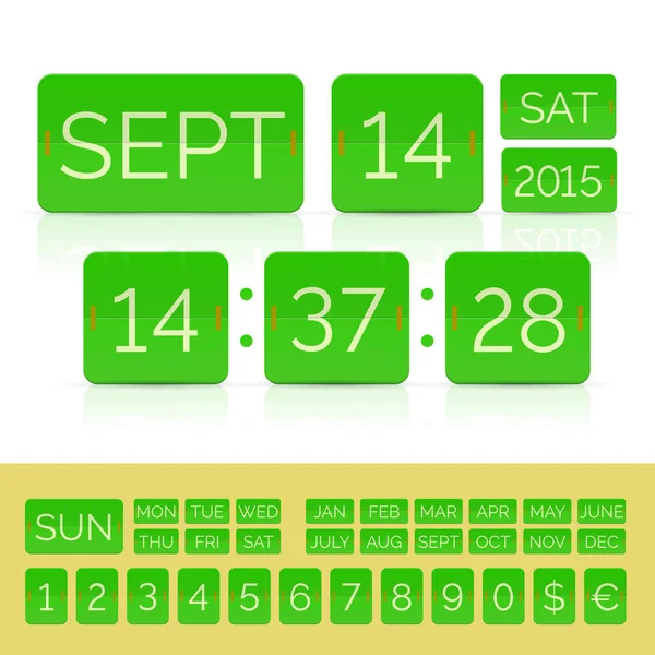 Calendario flip verde con timer conto alla rovescia piatto con numeri isolati — Vettoriale Stock