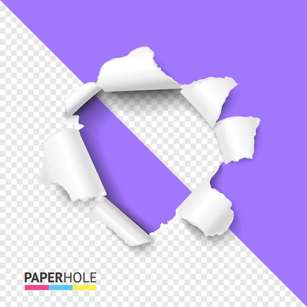Half empty realistic torn violet paper hole on half transparent background for Sale poster — Stock Vector