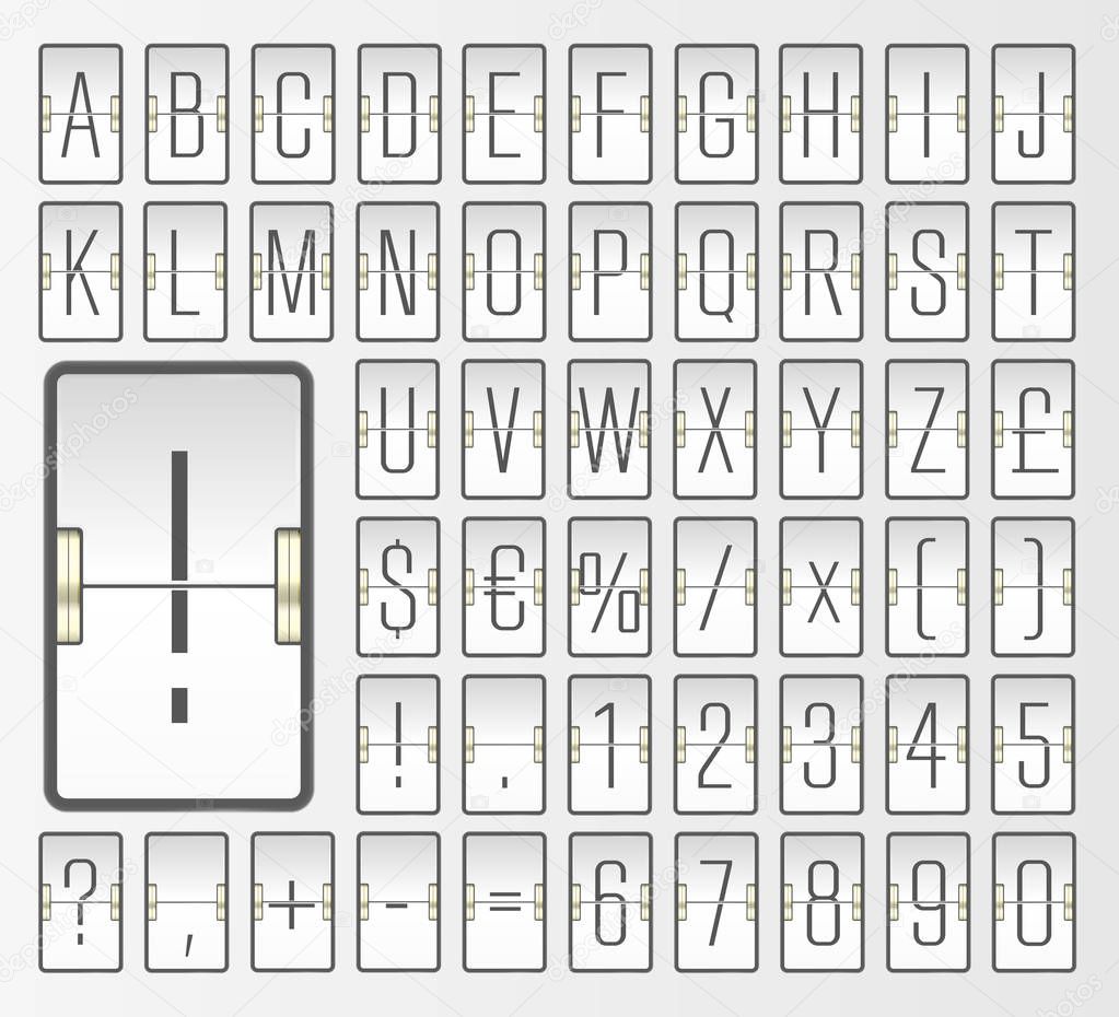 Narrow airport flip scoreboard alphabet font to display flight destination, arrival. Vector departure information