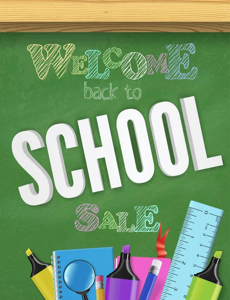 Voltar à escola verde texturizado quadro colorido conceito banner para venda anúncio para acolher as crianças de volta com materiais de estudo — Vetor de Stock
